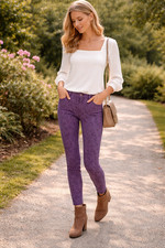 M&S Jeggings Trousers Blueberry Purple Floral Pull on Stretch Size 14 R