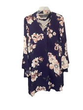 Floral Lined Short dress Purple With Pockets 3/4 Wide Sleeves Size Large