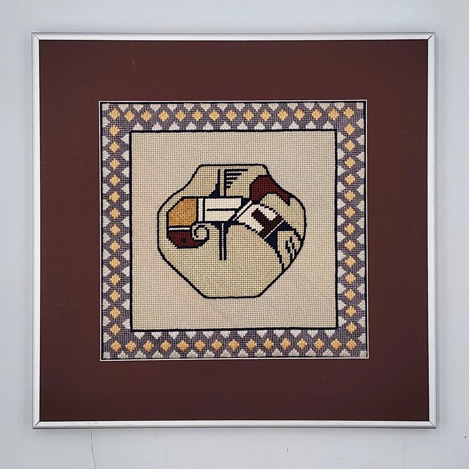 Vintage Framed Native American Zuni Style Pottery Cross Stitch Art Southwest 14" - Image 3 of 4