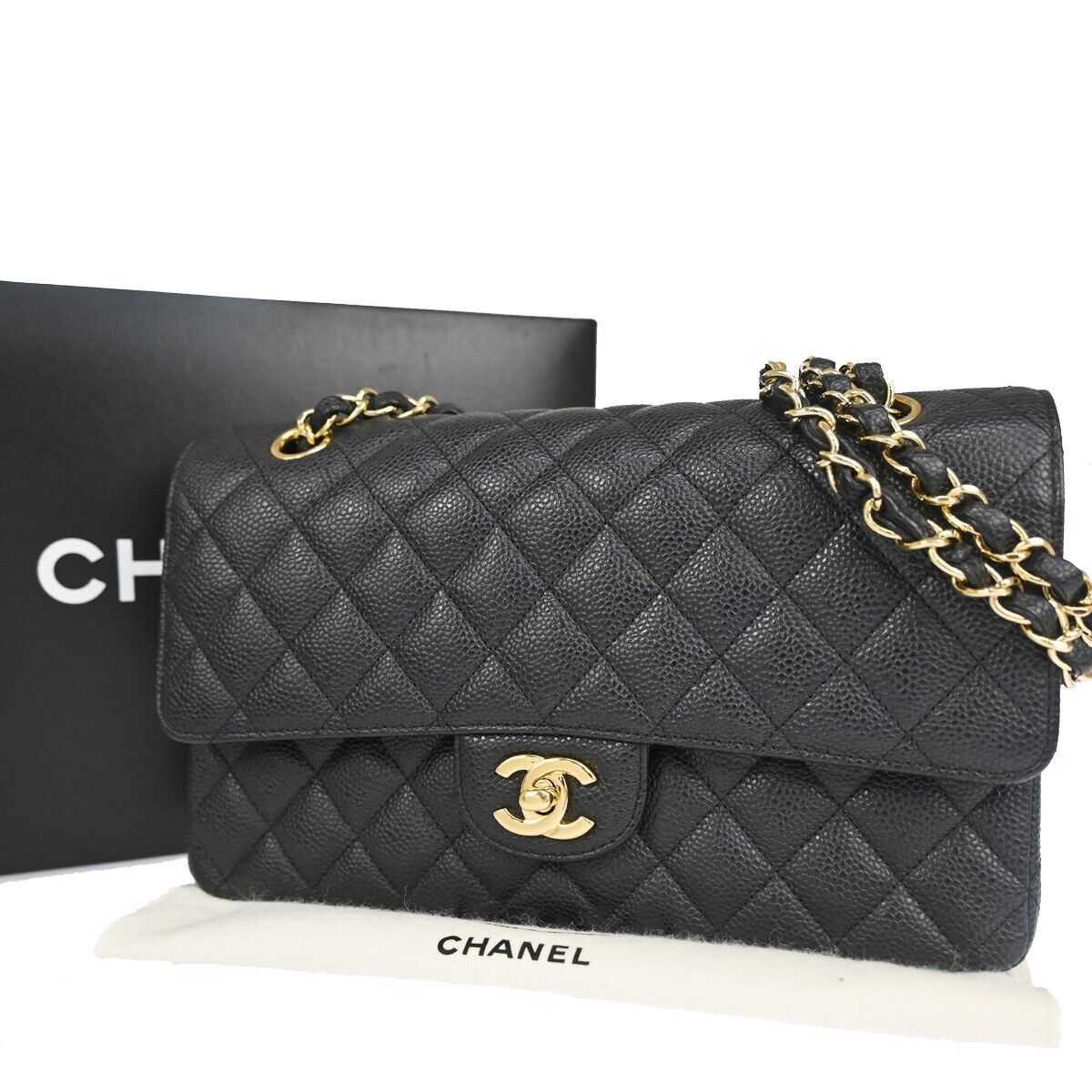 CHANEL CC Matelasse 25 Double Flap Chain Shoulder Bag Caviar Leather  465LC344