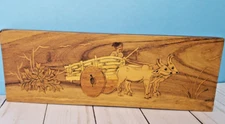 Inlaid Wood Marquetry Wall Hanging Plaque Ox Cart Man Village Folk Art small