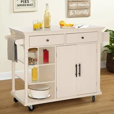 Rolling Kitchen Island Cart Trolley Storage Cabinet with Extendable Shelve Ivory