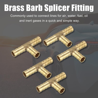 10mm Brass Barb Hose Fitting Tee T 3 Way Barbed Connector Air Water Fuel 5pcs