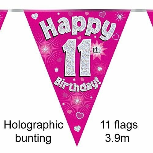 Happy 11th Birthday Holographic Triangular Party Foil Banner Bunting - Pink