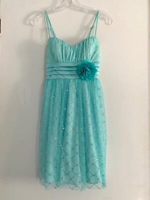 By & By Aqua Blue Sparkly Homecoming Dress with Flower Size 1