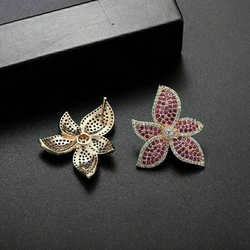1.50Ct Round Cut Pink Ruby & Diamond Flower Stud Earrings 14K Yellow Gold Finish - Image 2 of 4