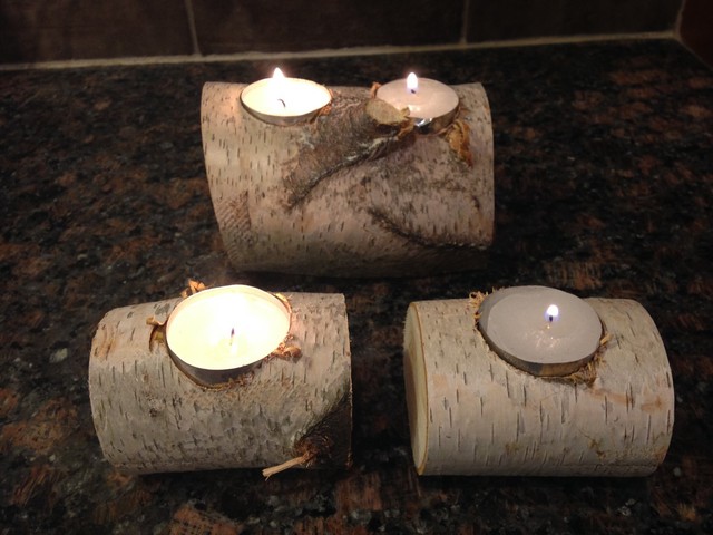 Birch Wood Fireplace Logs 12 Tea Light Candle Holder Rustic Cabin
