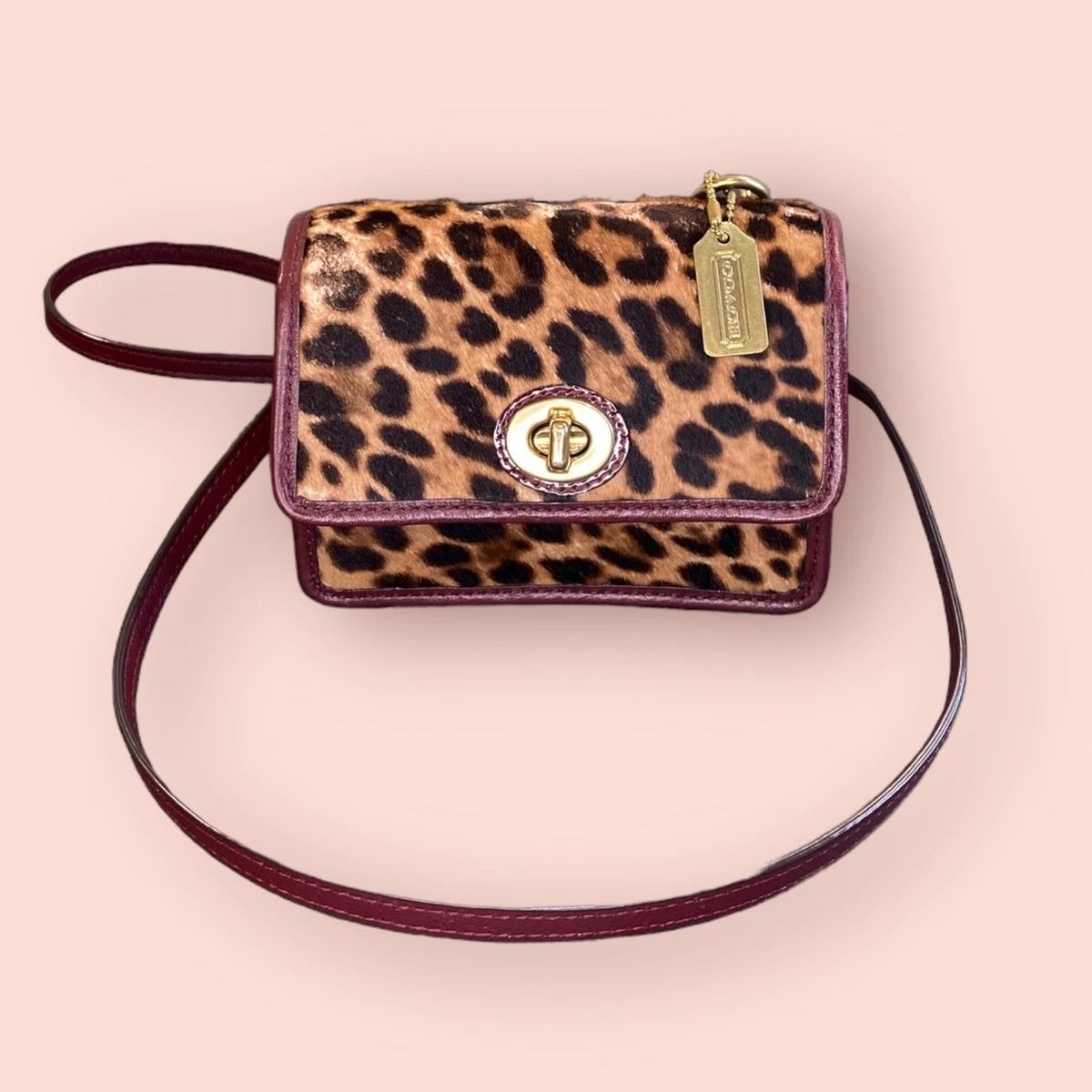 COACH Ocelot Leopard Haircalf Mini Penny Aubergine Crossbody Swing