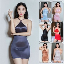 Women Sexy Satin Shiny Halter Dress Adjustable Straps Party Clubwear Mini Skirt