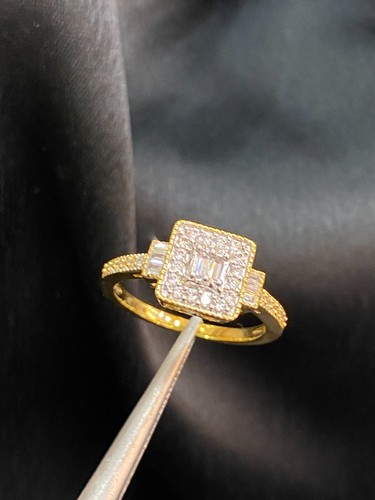 Pave 0,70 Cts Rotondo Baguette Naturale Diamanti Fidanzamento Anello In 14K Oro - Foto 7 di 9