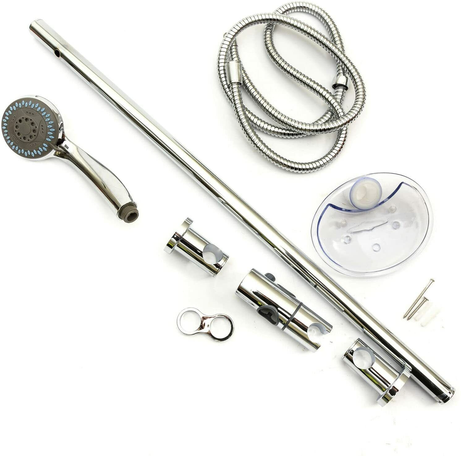 CHROME ADJUSTABLE SHOWER HEAD RISER SLIDER RAIL KIT WITH SOAP DISH