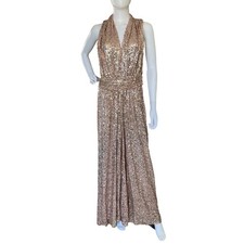 Badgley Mischka Rose Gold Sequin Halter V-Neck Gown Long Dress Size 16 KC