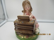 Vintage Joesf Originals Girl playing Piano W/Cat Figurine Music Box