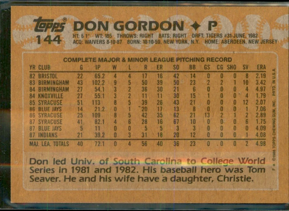 1988 Topps #144 Don Gordon Auto/ Signed IP - Image 2 of 2