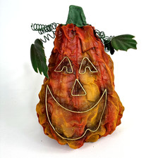 Halloween Tealight Pumpkin Orange Green Glittery Hard Mesh And Metal 11"x8" Read