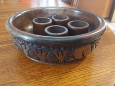 African Carved Wood Bowl Elephant/Rhino Matching Napkin Rings