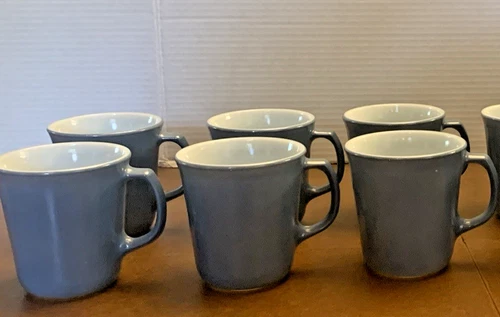 Pyrex Slate Blue Coffee Mug Cups D Handled - Vintage Retro Set Of 6 MINT