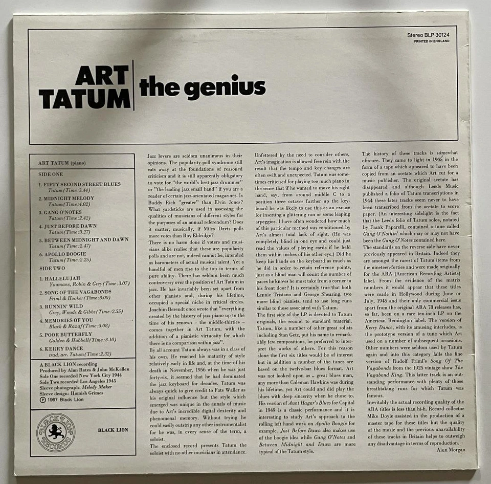 Art Tatum The Genius LP M- Black Lion Jazz (UK pressing) - Image 2 of 3