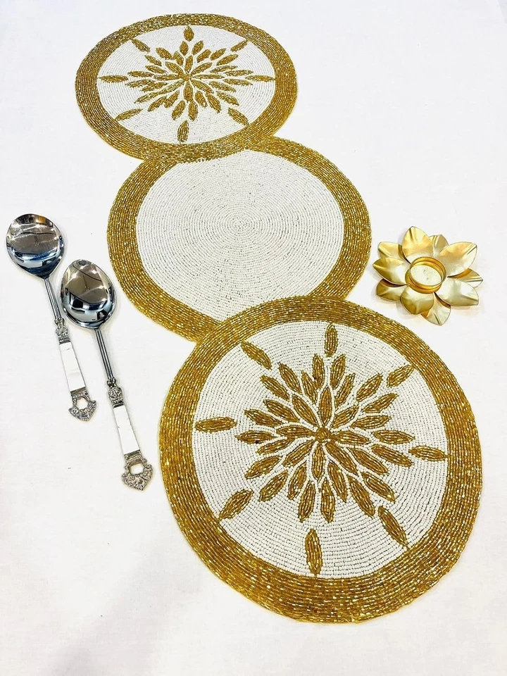 TBS White & Gold | Handmade Pearl Beaded Table Runner | Dining Coffee Decor Gift - Image 2 of 4