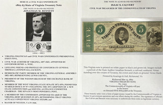 CIVIL WAR CONFEDERATE VIRGINIA TREASURY NOTE POLITICIAN BENNETT DOCUMENT SIGNED