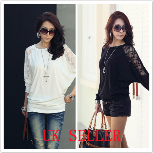 UK Shop Womens Stylish Loose Baggy Batwing Lace Long Sleeved Top / T-Shirt  - Picture 1 of 24