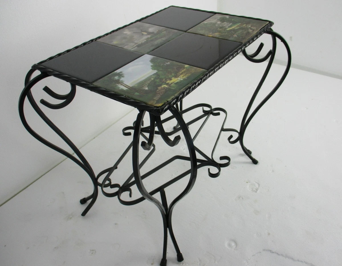Vintage Side Table Plant stand Ceramic Tiles Wrought Iron Legs Farmlife scenes