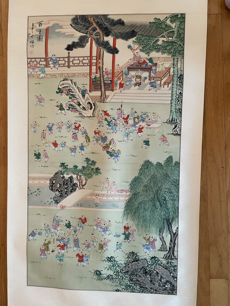 Long Vintage Chinese Wall Hanging Scroll Hand Painted 100 Boys on