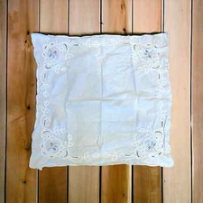 Vintage White Linen Floral Embroidered Tablecloth 32" x 32" Square