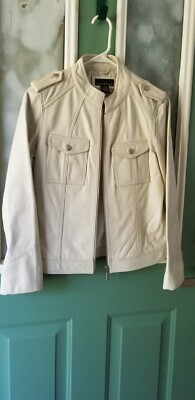 Attention Womens Offwhite Leather Long Sleeve Pockets Full-Zip Jacket Sz 4