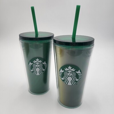 (2) Starbucks Coffee Solid & Gradient Green 16oz Cold Cups Tumblers w/lid, straw