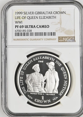 1999 SILVER 1 CROWN GIBRALTAR LIFE OF QUEEN ELIZABETH WORLD WAR 1 - NGC PF69 UC