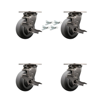 5 Inch 316SS Thermo Flat Tread Caster Set w/Roller Bearings & Brake/Swivel Locks