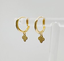 14K Solid Yellow Gold Huggie Mini Hoop Earrings w/Mini Clover Flower Charms 20mm