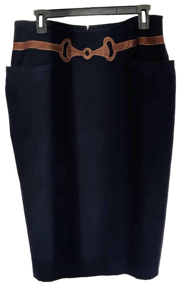 Falda GUCCI Vintage Negra Cachemira con Apliques de Cuero Genuino ~ Cremallera y Abertura ~44