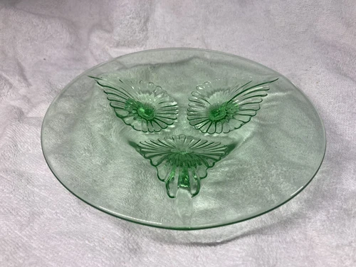 VTG Duncan Miller Green Depression Glass Footed 3 Art Deco Leaf Trinket Dish