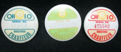3 Vintage 1950's 1960s Celluloid over Steel Ohio Chauffeur Badges Pinbacks