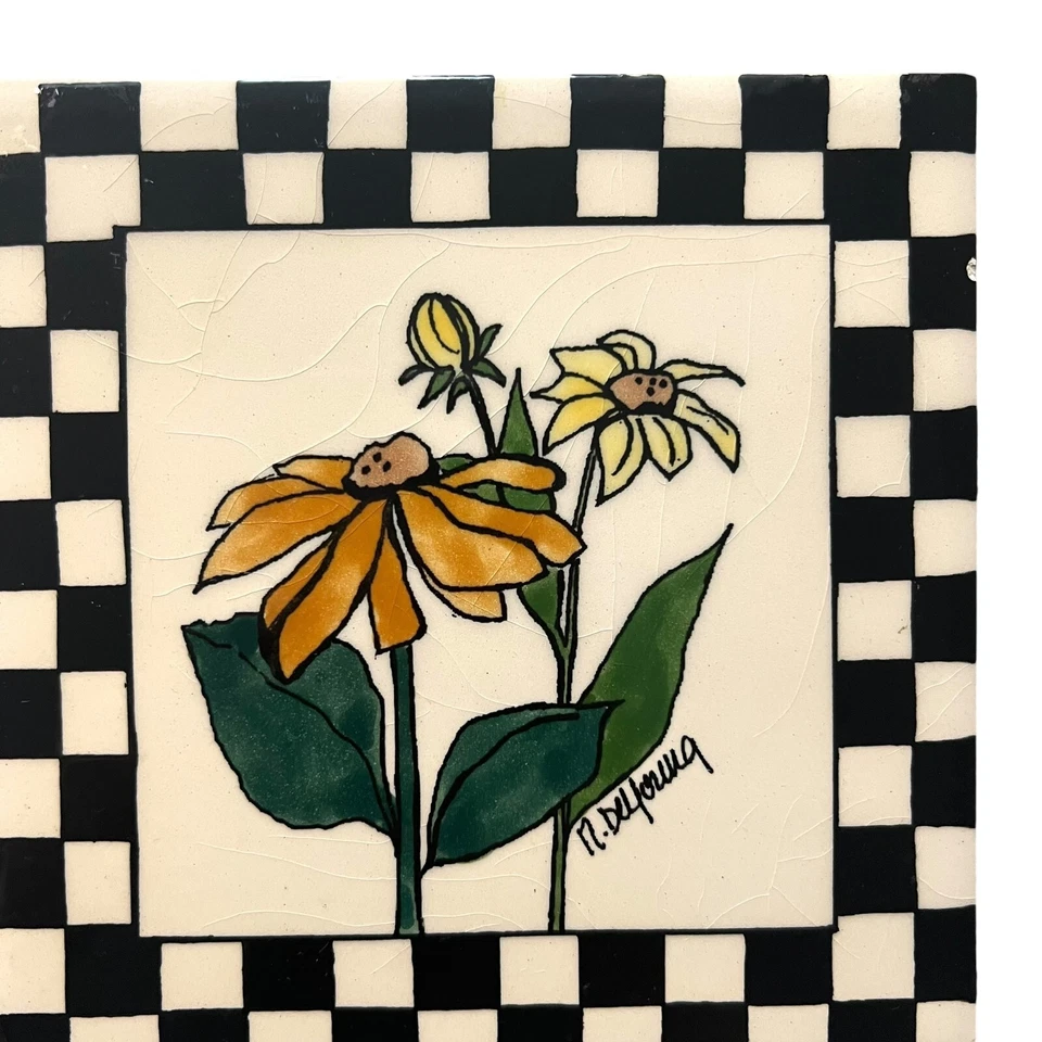 Azulejo de cerámica hecho a mano N De Young arte de pared flores amarillas 6 pulgadas hecho en Inglaterra Foto 3 de 4