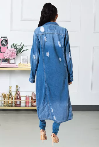 Damen Mode Denim Windbreaker Lange Vintage Denim Mantel Lange Jeansjacke Mantel - Bild 15 von 18