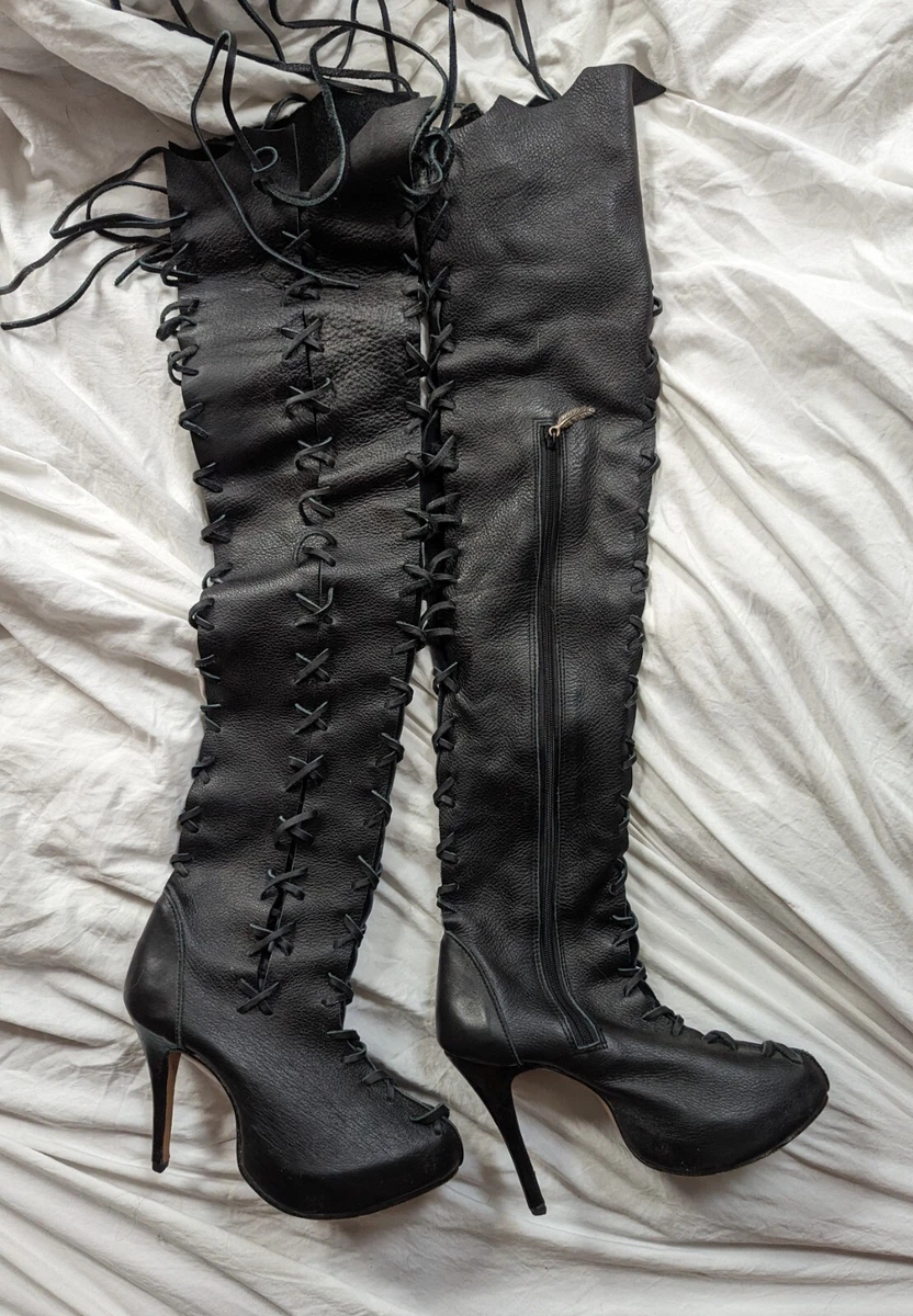 Gipsy Dharma Boots over the knee high heel black leather size 8 eBay