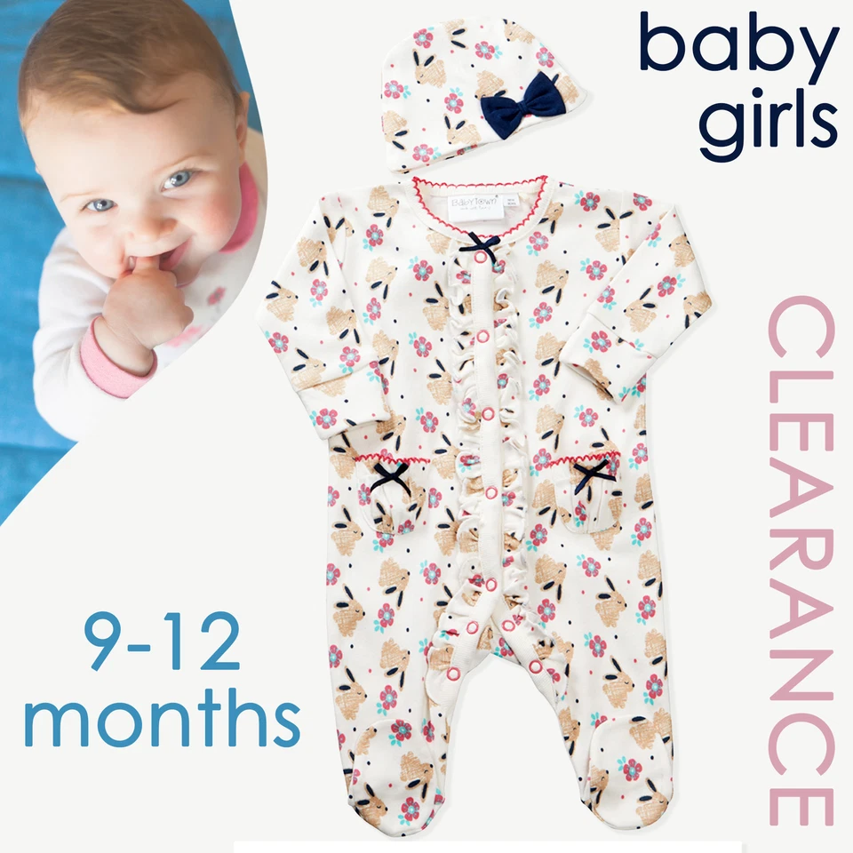 BABYTOWN Baby Girls Clothes 9-12 Months Sleepsuit and Hat Matching Set Babygrows Bunny UK