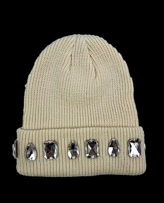Off White beanie with rhinestone accent