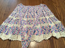VINTAGE HAND CRAFTED CROCHETED APRON BLUE PINK GREEN YELLOW BEIGE CHEVRON  18  