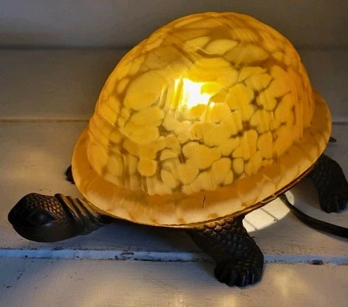 Vintage Tiffany Style Amber Turtle Table Lamp Night Light Glass Bronze Metal  9”