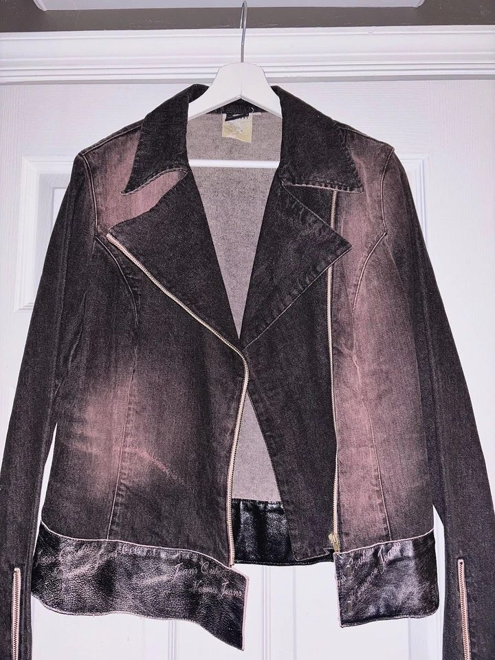 Jaqueta jeans vintage Archive Versace motociclista preta/rosa lavagem leve tamanho. XS (L Wmns) - Imagem 3 de 4