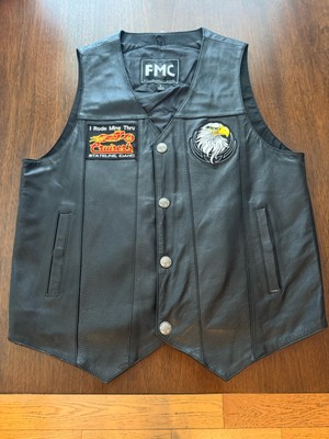 FMC Men's Black Leather Motorcycle  Vest Size L Coeur d'Alene Idaho With Patches