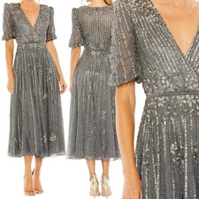 MAC DUGGAL 5995 Pewter Gray Sequin Beaded Embellished V-Neck Tea Length Gown 16