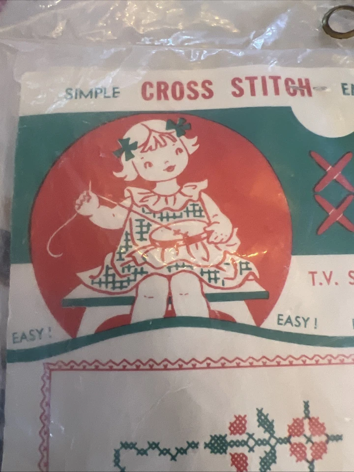 Vintage Child’s Cross Stitch Kit NOS TV Scarf Hoop Floss Thimble Needle Adorable - Image 2 of 4