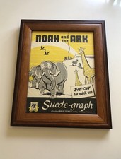 Vintage 40  s Framed Illustration Noah And Ark Elephants Giraffes Nursery Decor