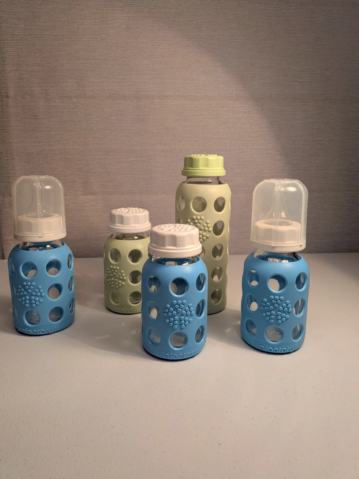 Lifefactory Glass Bottles With Silicone Covers. Green &Blue.