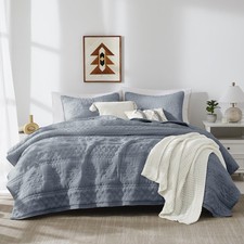 Boho Blue Grey Quilt King Size Bedding Sets with 2 Pillow Shams, Farmhouse Li...